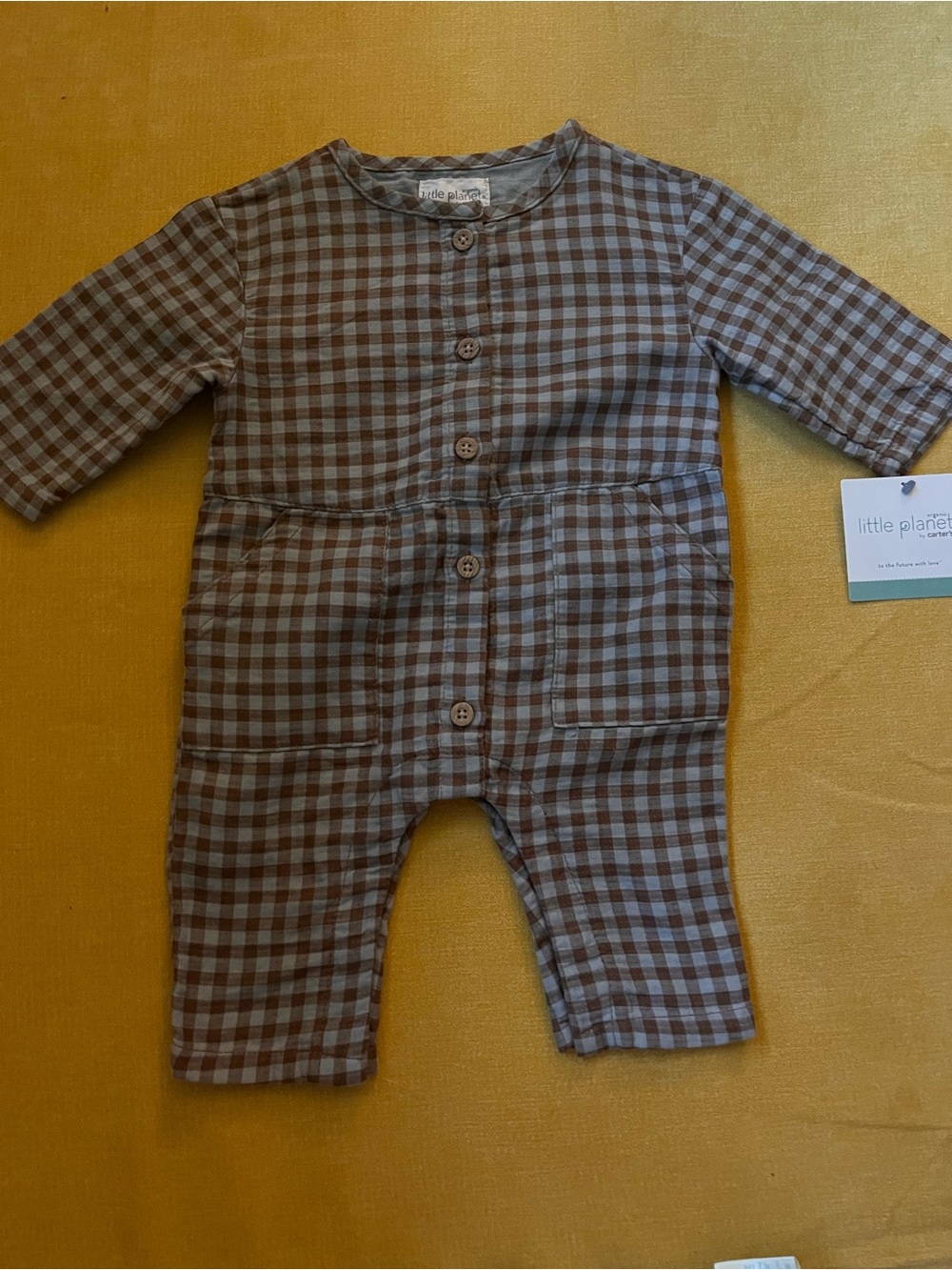 Gingham Button-Front Baby Romper in Brown & Blue